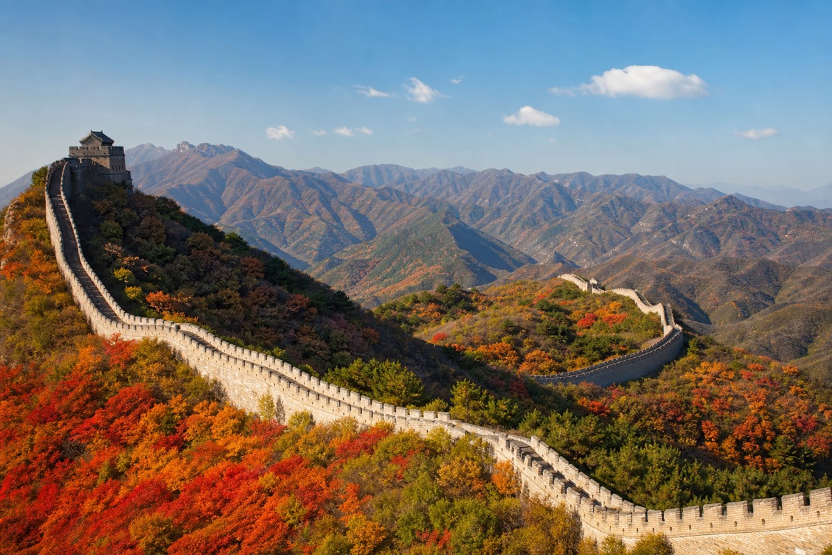 The wall winding through hills in autumn colour, perfect for visiting the Great Wall of China