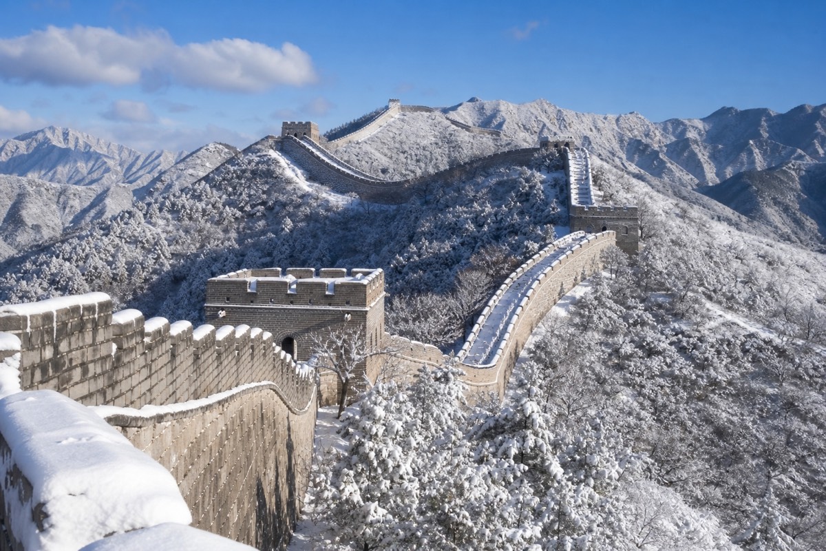 The Water Great Wall under winter snow, its ramparts quiet and stark