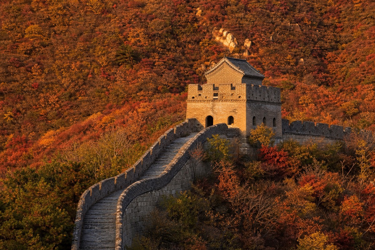 The Great Wall in autumn colour at Mutianyu, forest wrapping what many call the most beautiful section of the Great Wall