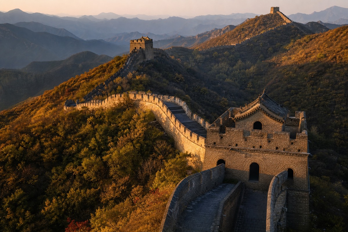 Golden hour light over the Great Wall of China, home of the Great Wall Marathon